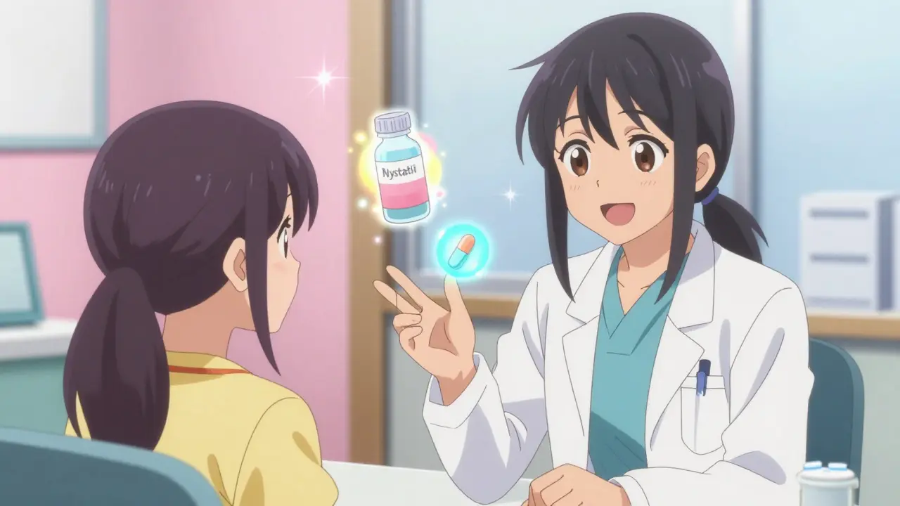 Doctor explaining antifungal treatment options to a young girl in a bright anime clinic.