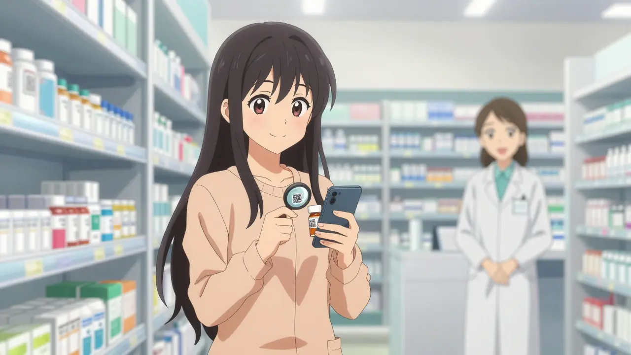 Girl using a smartphone to scan a medication QR code in a bright pharmacy.