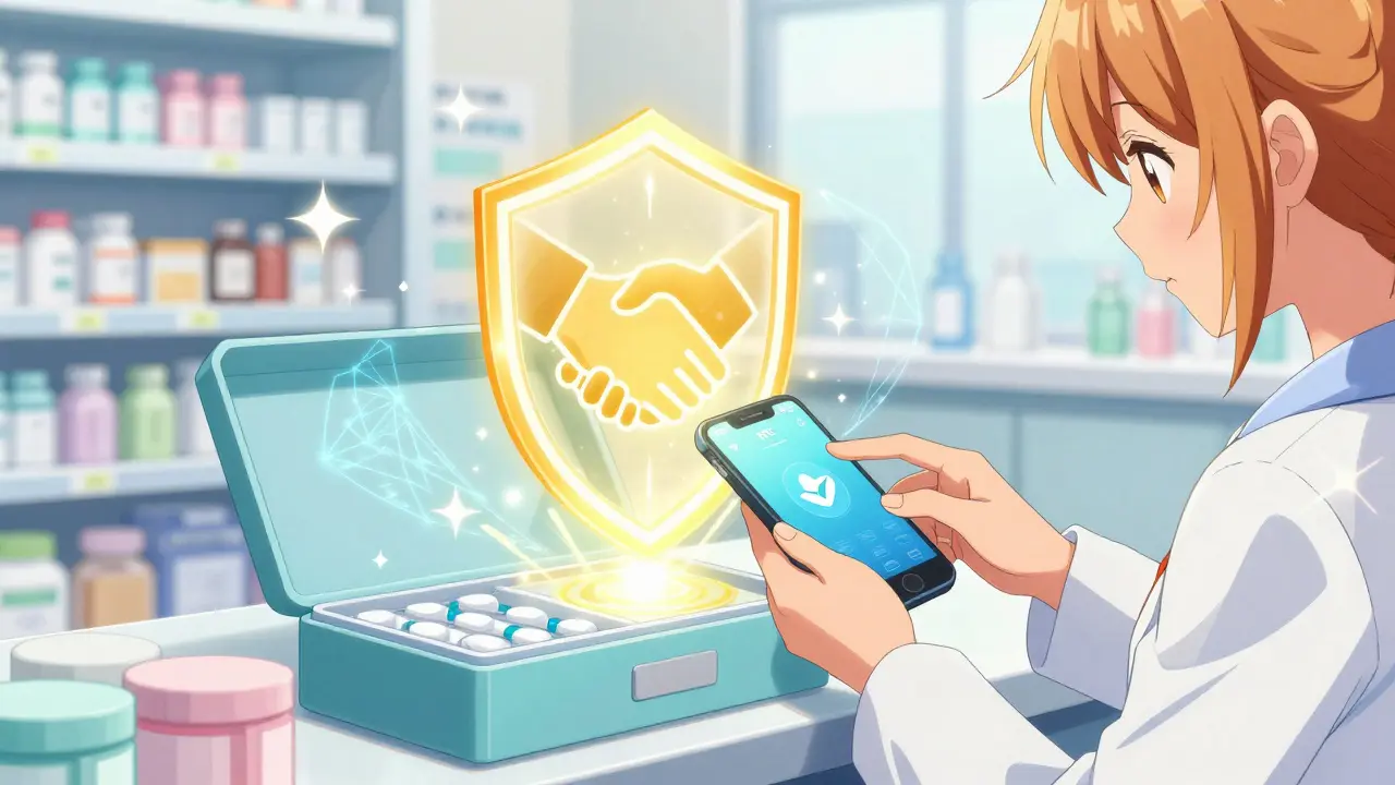 Girl using a smartphone to verify a medicine box with a golden light effect