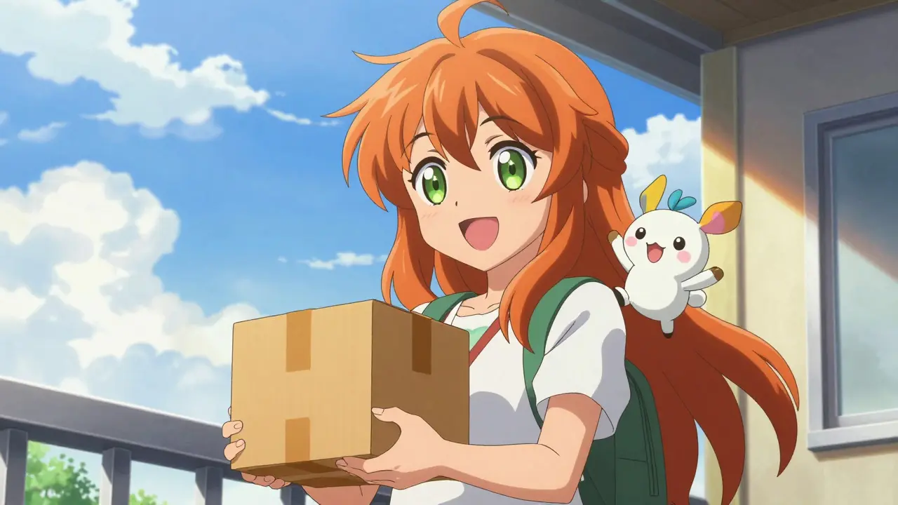 Happy anime girl on a sunny porch receiving a medicine delivery package.
