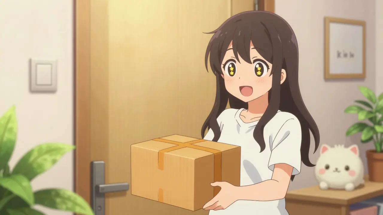 Happy anime girl receiving a pharmacy delivery package at her home.