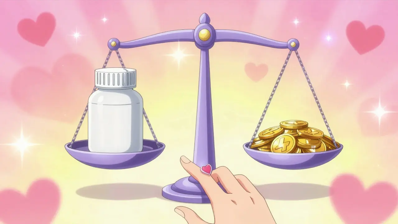 Magical scale balancing a generic pill bottle and gold coins in anime style.