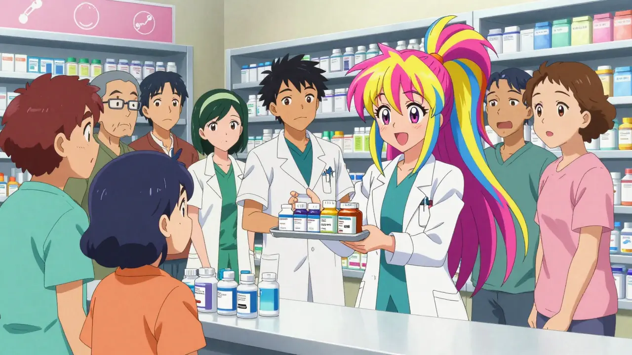 PreCure style illustration of a doctor presenting generic medicines to a hopeful group of villagers.