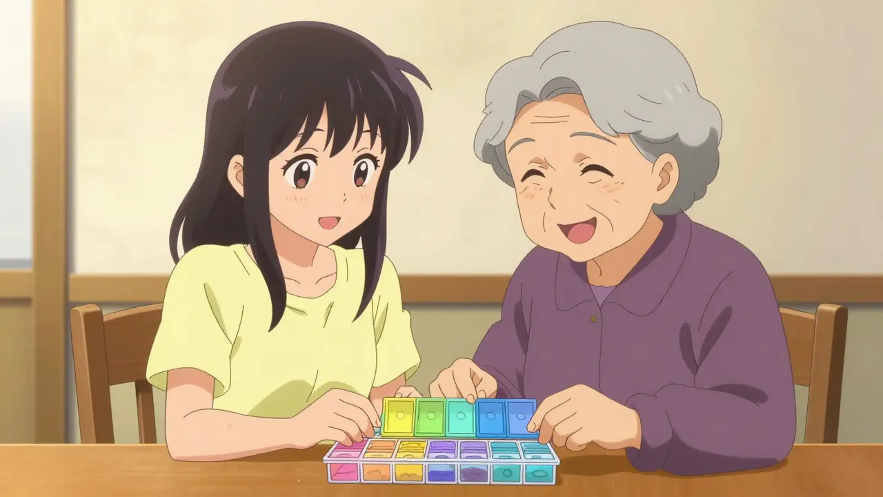 Two women smiling while filling a colorful weekly pill organizer together