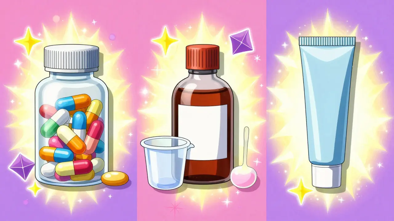 Various medicine types with magical shimmering symbols in PreCure style.